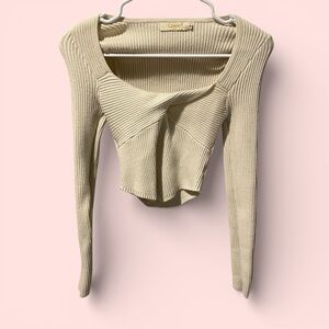 Cute creamy crop chunky ribbed scoop twist sweater long sleeve soft fairy boho